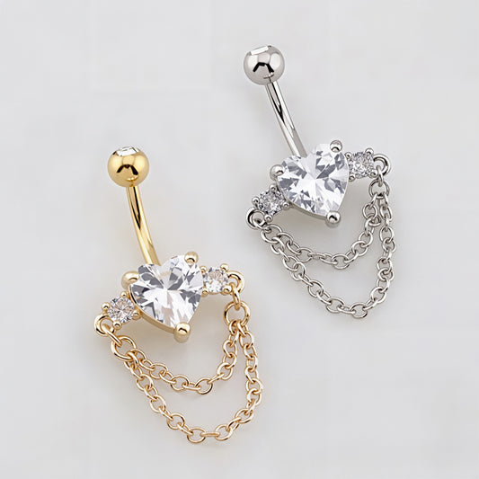 Heart CZ Double Rope Chain Belly Bar