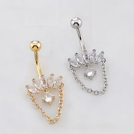 Marquise Fan Crescent Cascade CZ Rope Chain Belly Bar