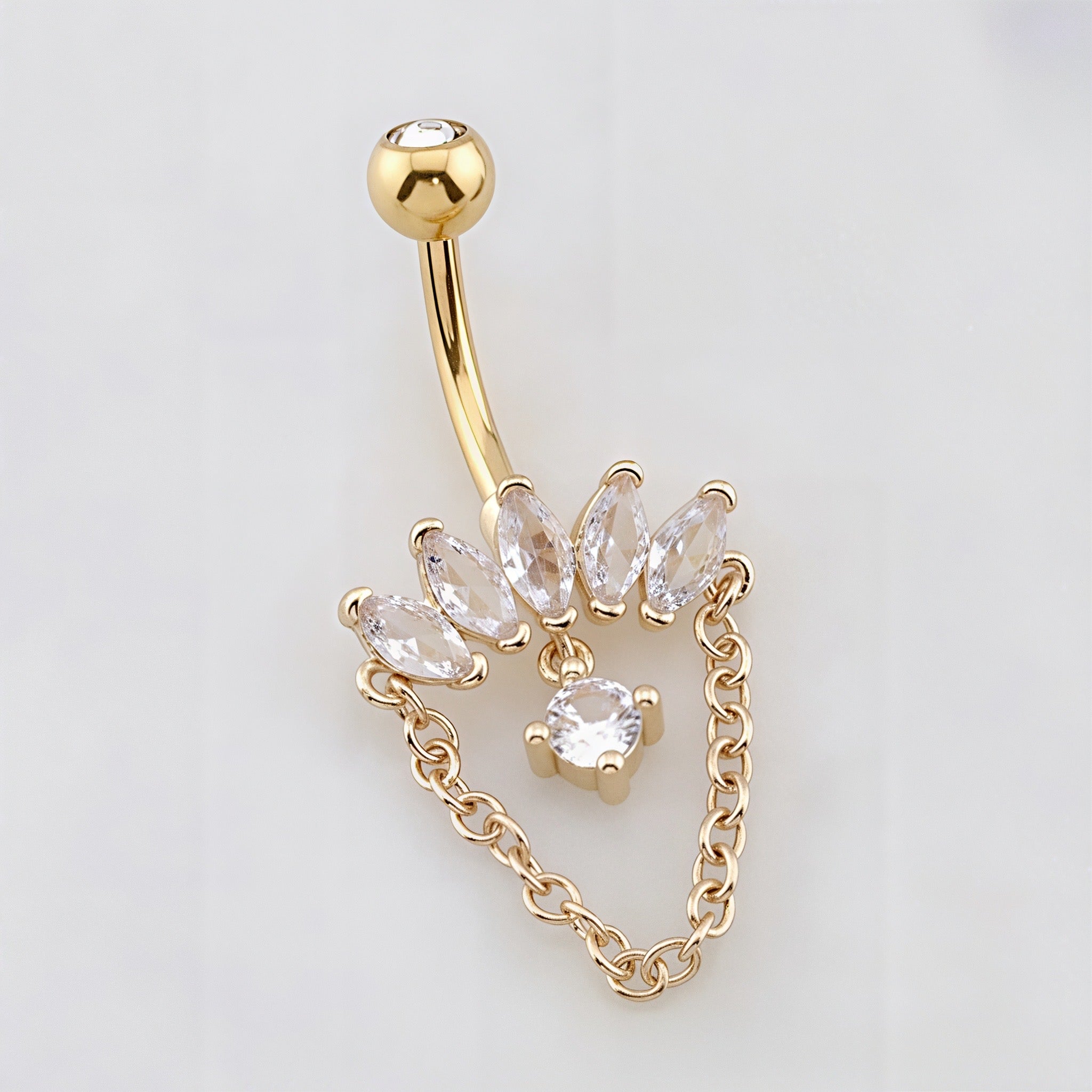 Marquise Fan Crescent Cascade CZ Rope Chain Belly Bar