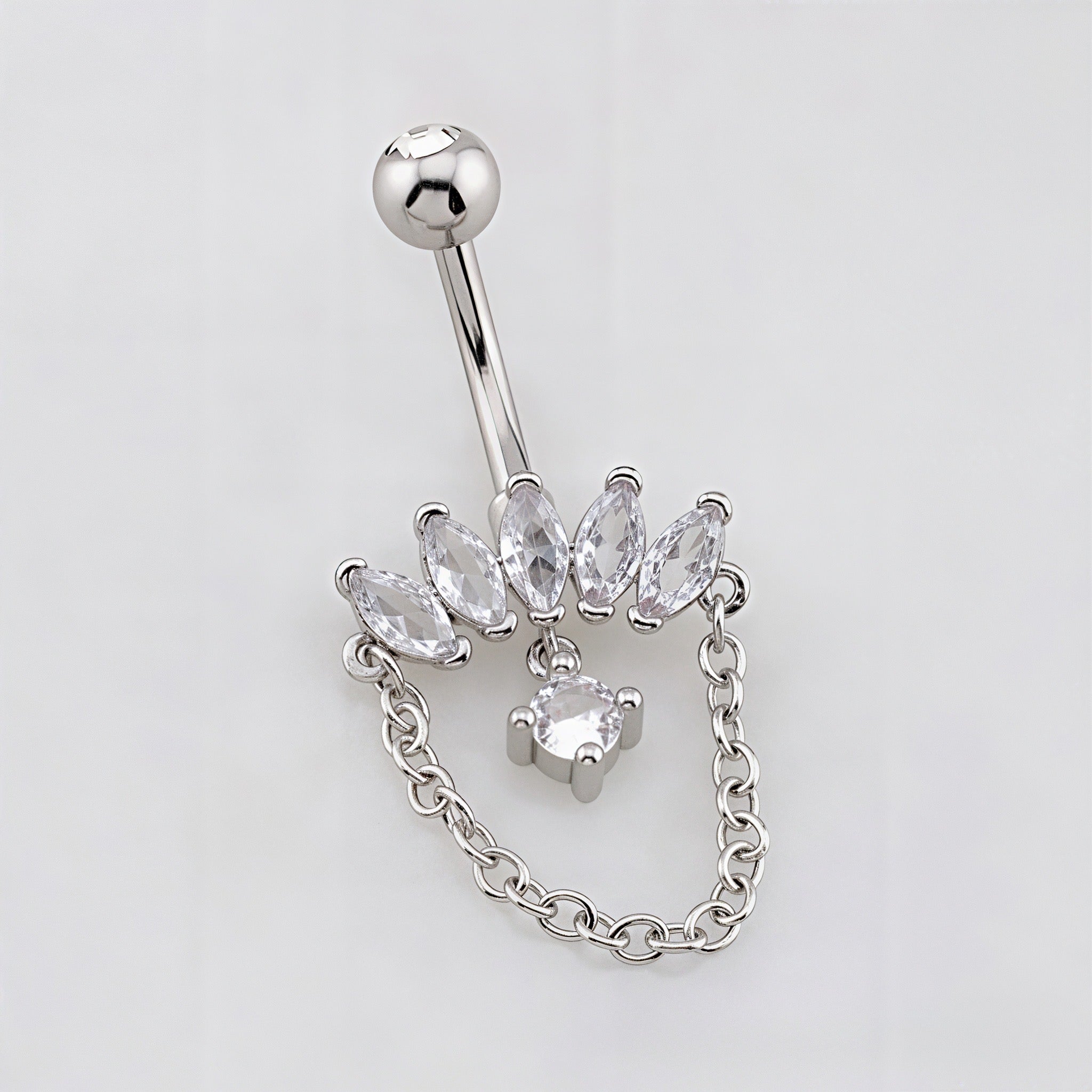 Marquise Fan Crescent Cascade CZ Rope Chain Belly Bar