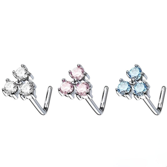 Three Prong Set Round CZ Triangle 316L Surgical Steel L Bend Nose Stud Rings