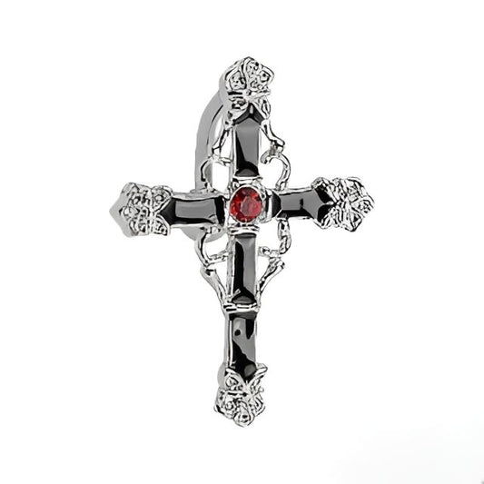 Top Drop Navel Ring W/Black Enamel Colored Cross with Red Gem Center