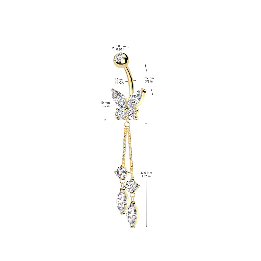 316L Surgical Steel CZ Butterfly With Double Round and Marquise Prong Set Belly Bar