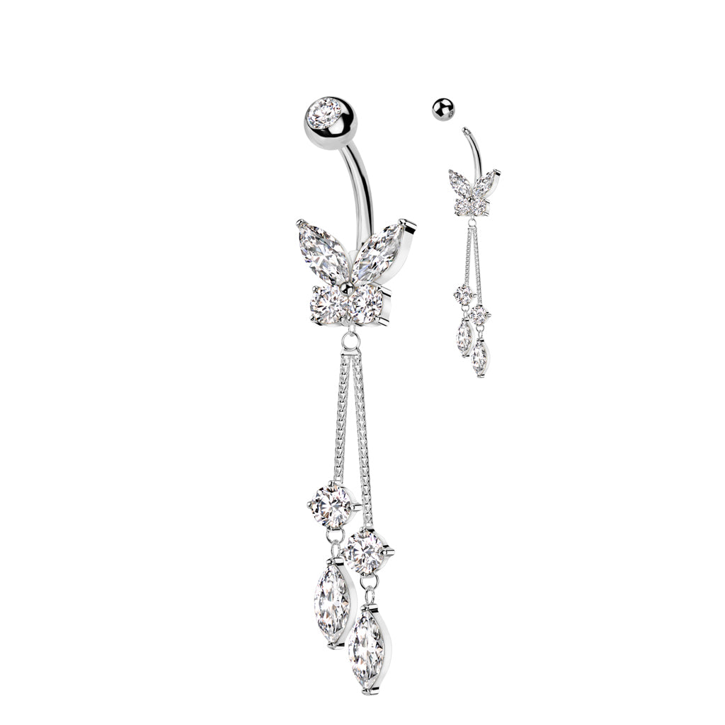 316L Surgical Steel CZ Butterfly With Double Round and Marquise Prong Set Belly Bar