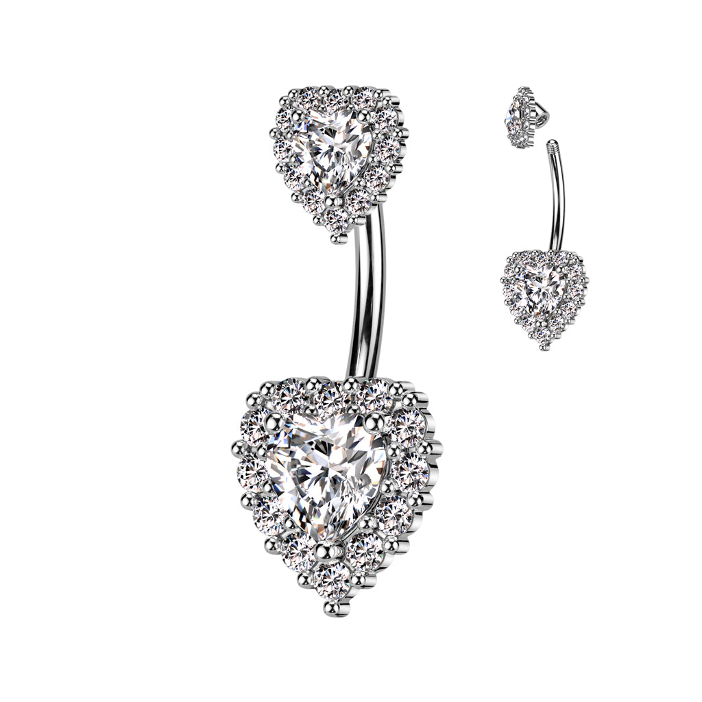 316L Surgical Steel Double Heart CZ Belly Button Ring With CZ Pave Around the Hearts