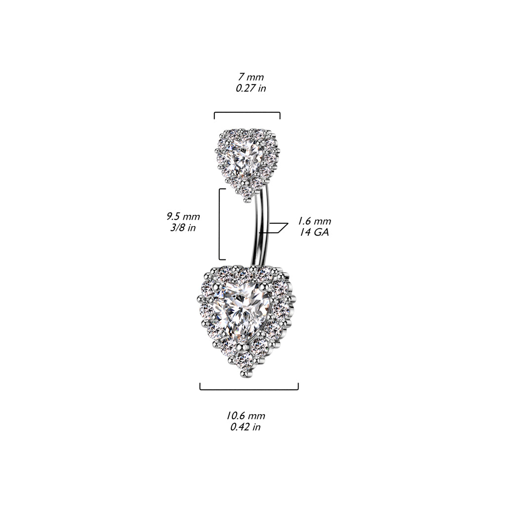 316L Surgical Steel Double Heart CZ Belly Button Ring With CZ Pave Around the Hearts