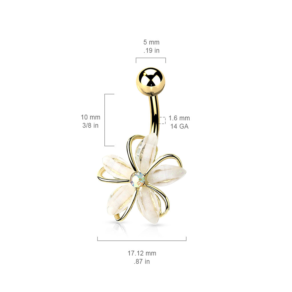 CZ Center Wire Set White Flower 316L Surgical Steel Belly Bar