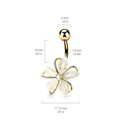 CZ Center Wire Set White Flower 316L Surgical Steel Belly Bar