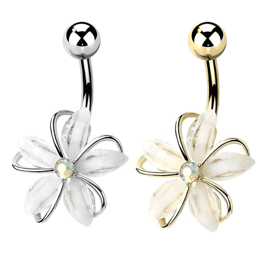 CZ Center Wire Set White Flower 316L Surgical Steel Belly Bar