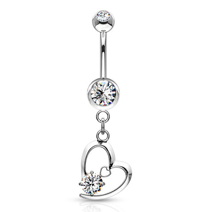 Hollow Heart with Prong CZ Dangle Belly Bar