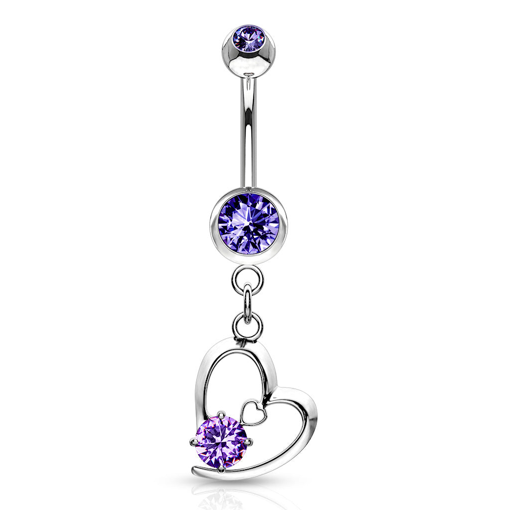 Hollow Heart with Prong CZ Dangle Belly Bar