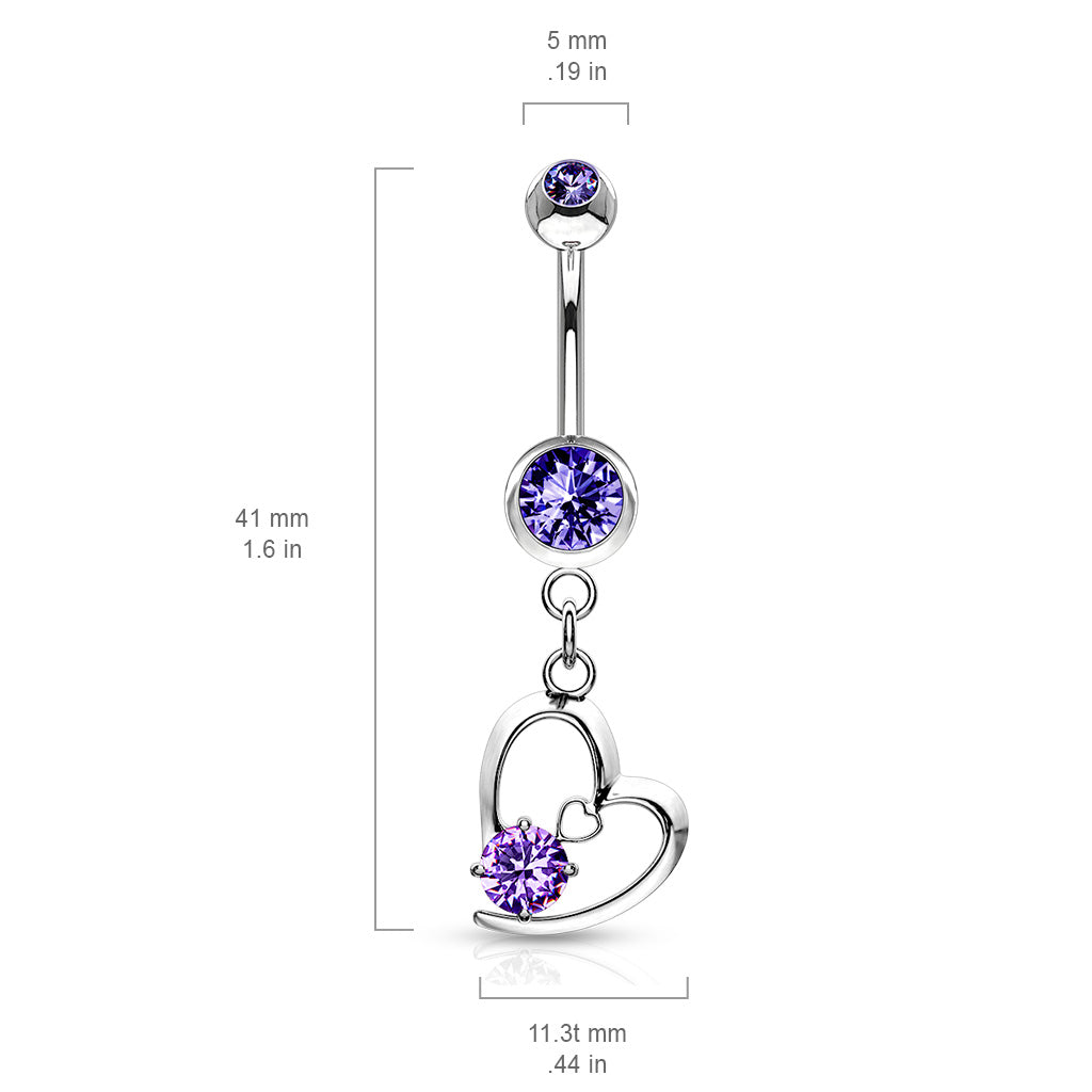 Hollow Heart with Prong CZ Dangle Belly Bar