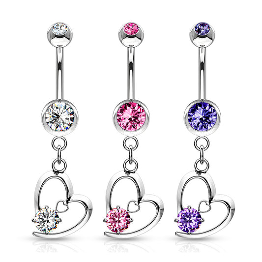 Hollow Heart with Prong CZ Dangle Belly Bar