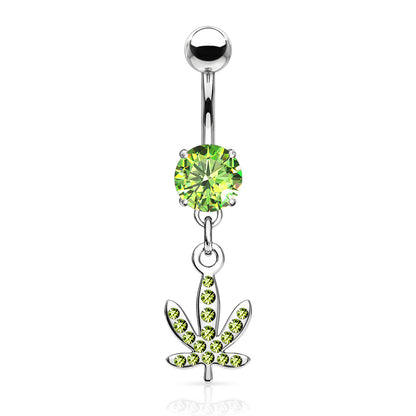 Pot Leaf Gem Paved Dangle Belly Bar