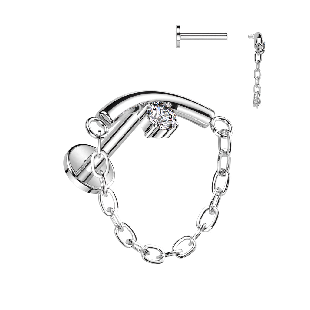 Implant Grade Titanium Internally Threaded Labret With Chain Linked Curved Bar With Prong Set CZ