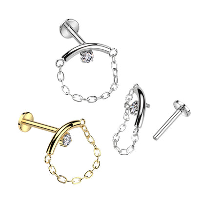 Implant Grade Titanium Internally Threaded Labret With Chain Linked Curved Bar With Prong Set CZ