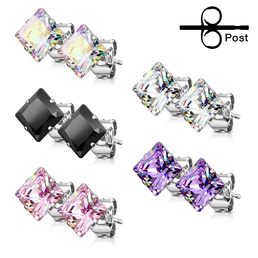 Prong Set Square CZ Surgical Steel Stud Earrings