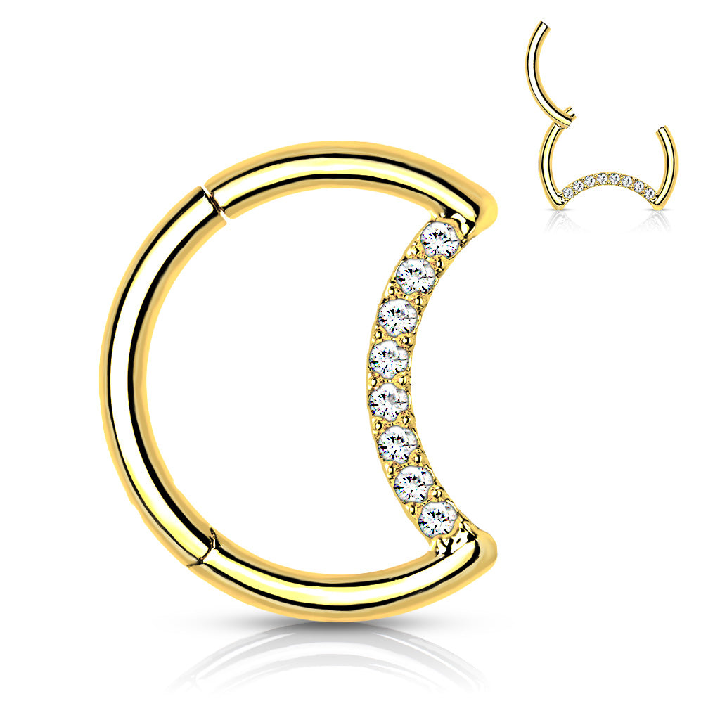 Implant Grade Titanium Hinged Segment Hoop Ring With Pave CZ Crescent Moon