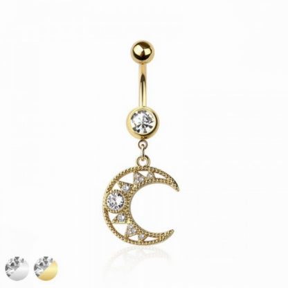 Crescent Moon Cz Belly Bar