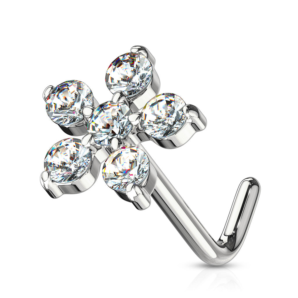 6 CZ Flower 316L Surgical Steel L Bend Nose Stud Rings