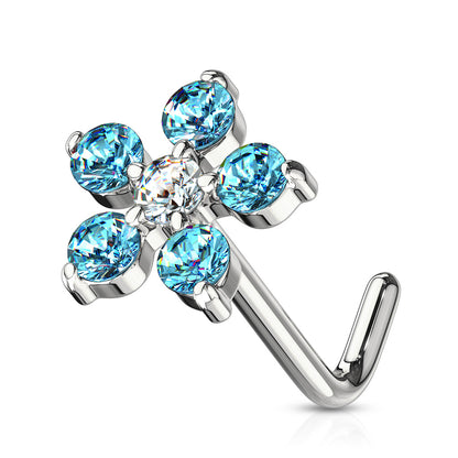 6 CZ Flower 316L Surgical Steel L Bend Nose Stud Rings