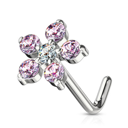 6 CZ Flower 316L Surgical Steel L Bend Nose Stud Rings