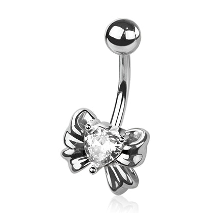 Cz Heart Ribbon Belly Bar