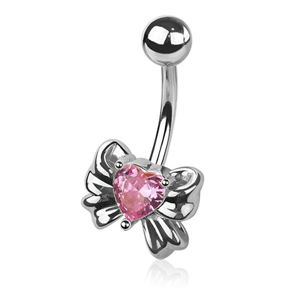 Cz Heart Ribbon Belly Bar