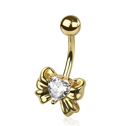 Cz Heart Ribbon Belly Bar