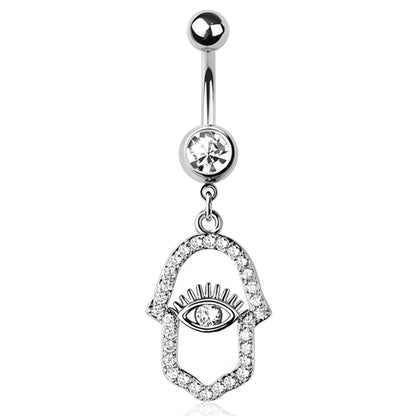 Hamsa Hand Eye Multi Cz Belly Bar
