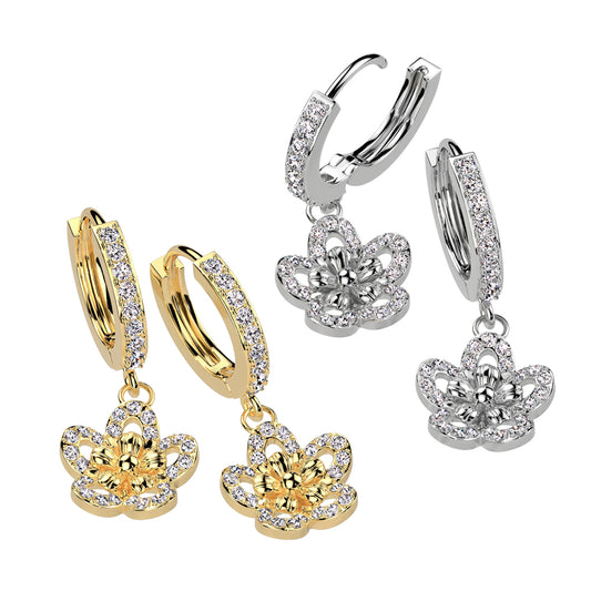 Pair of CZ Pave Front With CZ Pave Flower Dangle Hoop Earrings