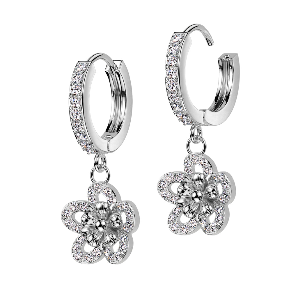 Pair of CZ Pave Front With CZ Pave Flower Dangle Hoop Earrings