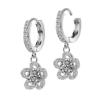 Pair of CZ Pave Front With CZ Pave Flower Dangle Hoop Earrings