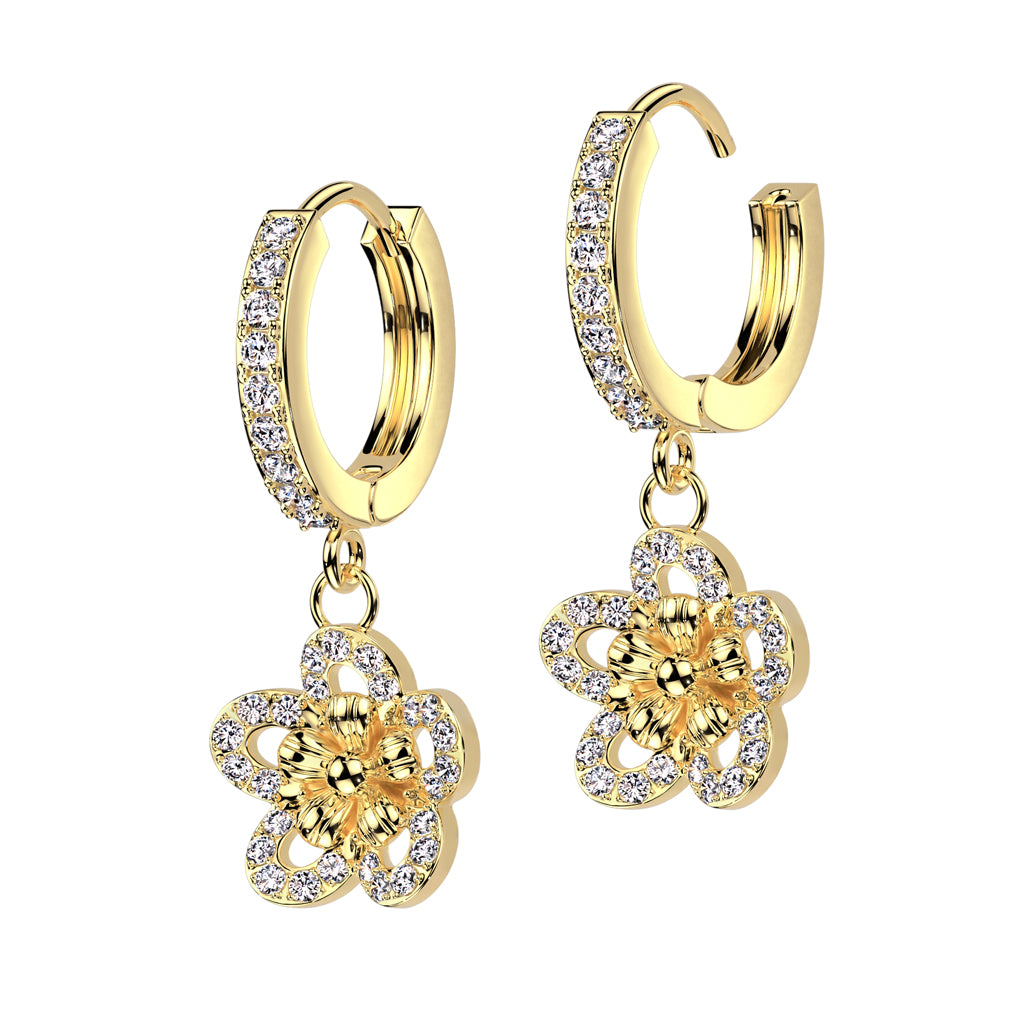 Pair of CZ Pave Front With CZ Pave Flower Dangle Hoop Earrings
