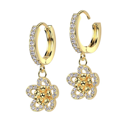 Pair of CZ Pave Front With CZ Pave Flower Dangle Hoop Earrings