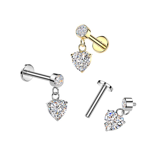 316L Internally Threaded Flat Back Labret With Bezel Set CZ & Heart CZ Dangle