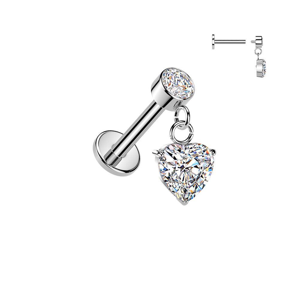 316L Internally Threaded Flat Back Labret With Bezel Set CZ & Heart CZ Dangle