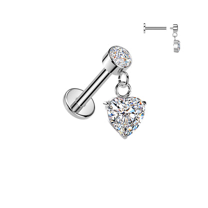 316L Internally Threaded Flat Back Labret With Bezel Set CZ & Heart CZ Dangle