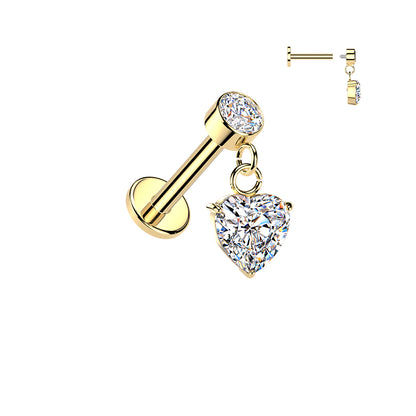 316L Internally Threaded Flat Back Labret With Bezel Set CZ & Heart CZ Dangle