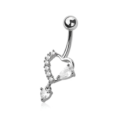 Multi Cz Heart With Heart Dangle Belly Bar