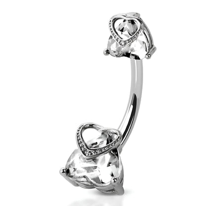 Double Clear Cz Royal Heart Prong Set Belly Bar
