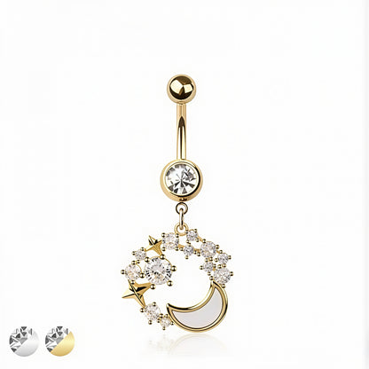 Opal Moon Multi CZ Top Dangle Belly Bar