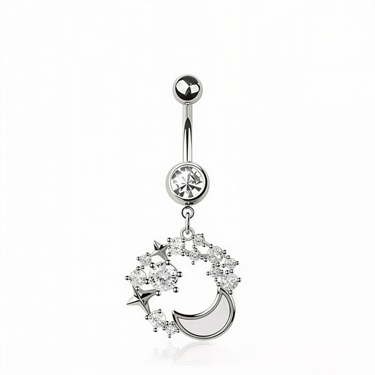 Opal Moon Multi CZ Top Dangle Belly Bar