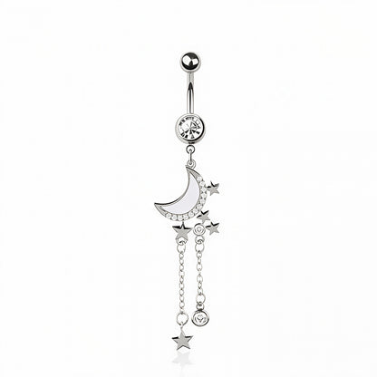OPAL MOON MULTI CZ CHAIN STAR DANGLE BELLY BAR