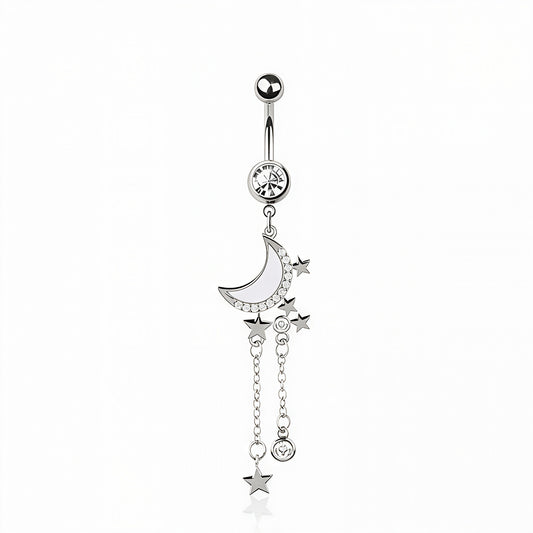 OPAL MOON MULTI CZ CHAIN STAR DANGLE BELLY BAR