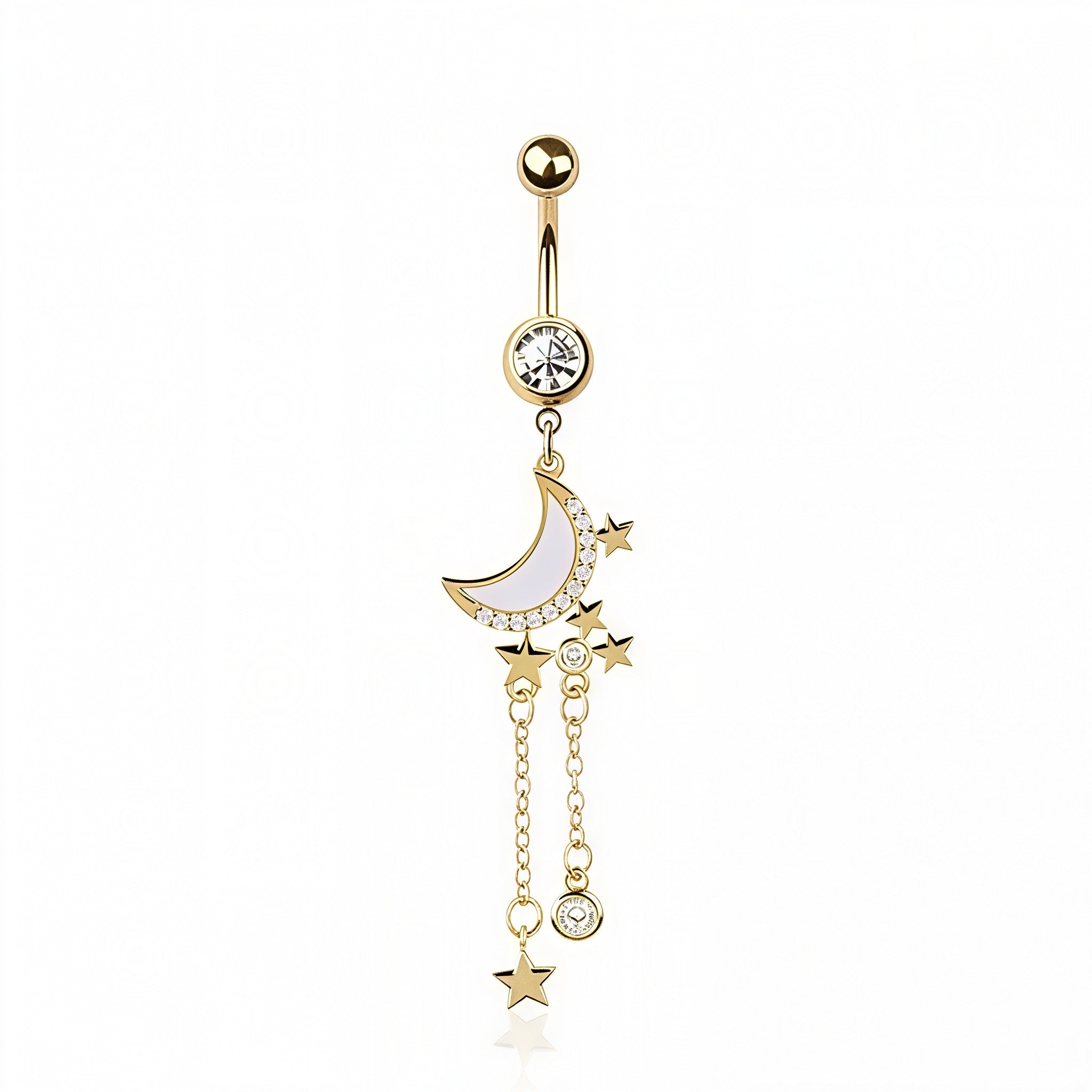 OPAL MOON MULTI CZ CHAIN STAR DANGLE BELLY BAR