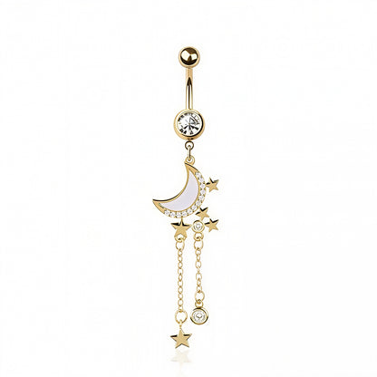 OPAL MOON MULTI CZ CHAIN STAR DANGLE BELLY BAR