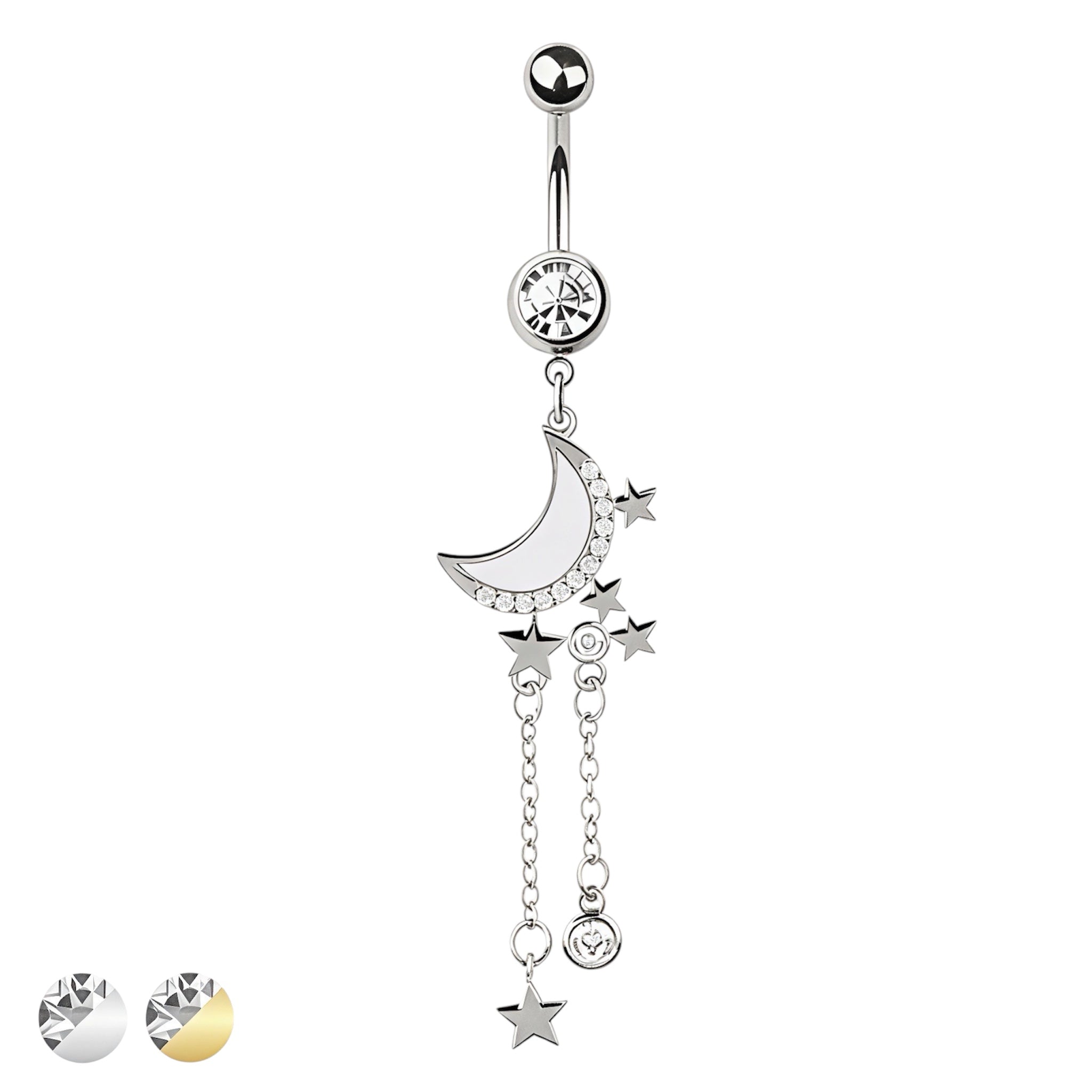 OPAL MOON MULTI CZ CHAIN STAR DANGLE BELLY BAR