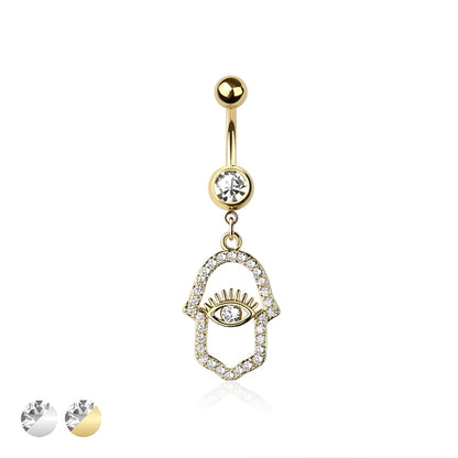 Hamsa Hand Eye Multi Cz Belly Bar