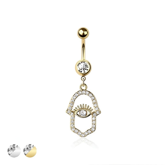 Hamsa Hand Eye Multi Cz Belly Bar